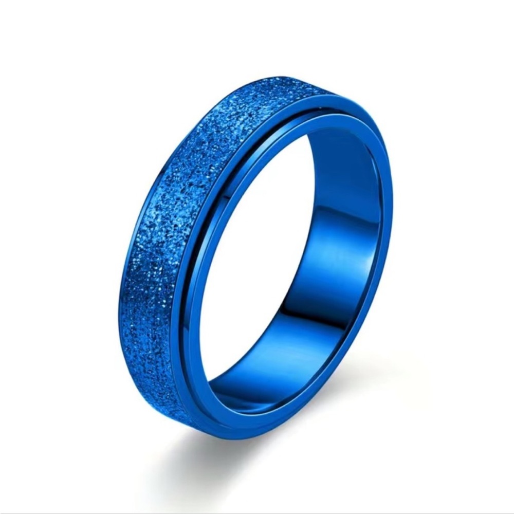 Unisex Blue Shimmery Stainless Steel Rotating Spinning Pearl Sand Ring
